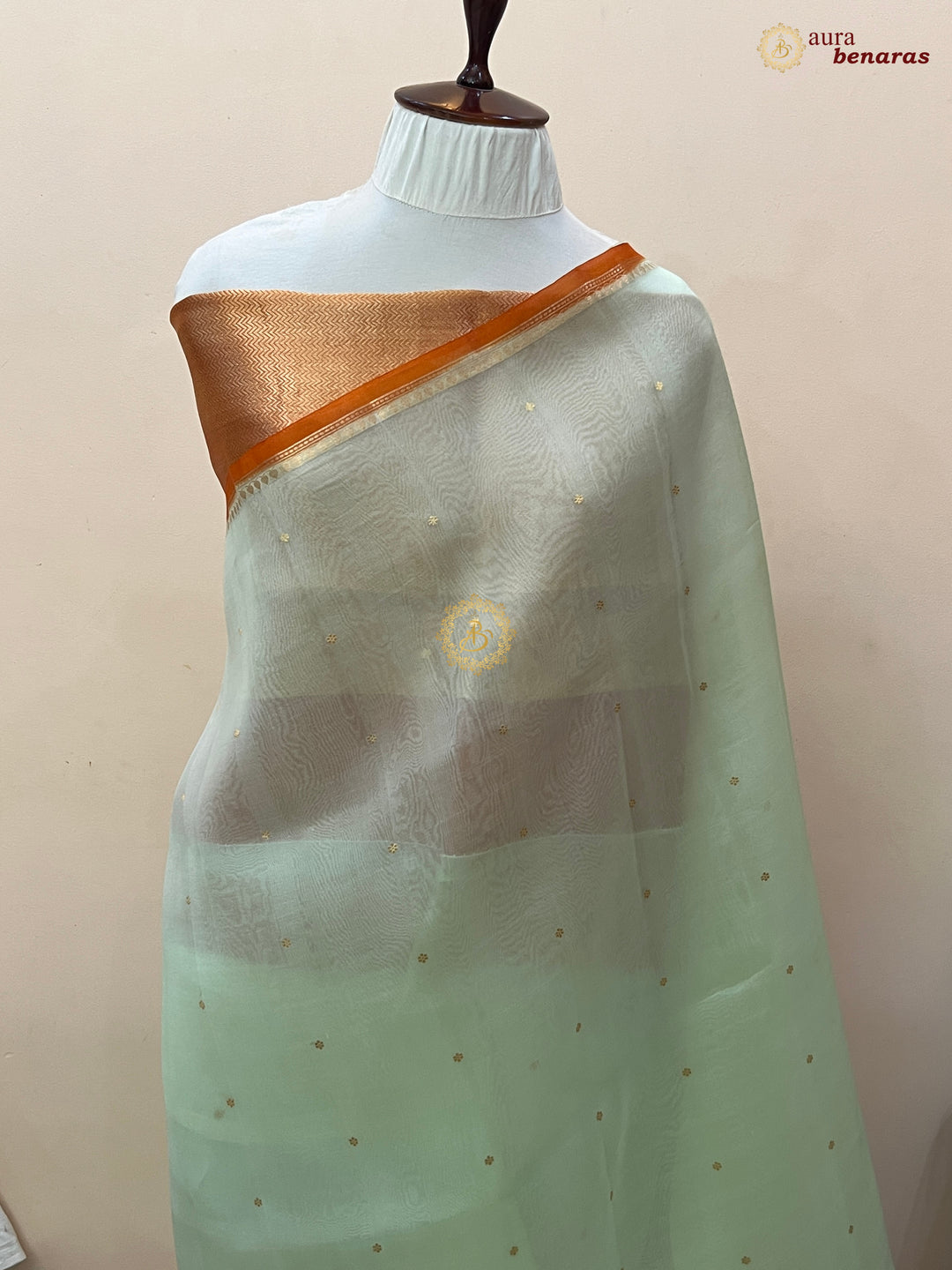 Mint Green Kora Silk Banarasi Saree with Zari Butis 