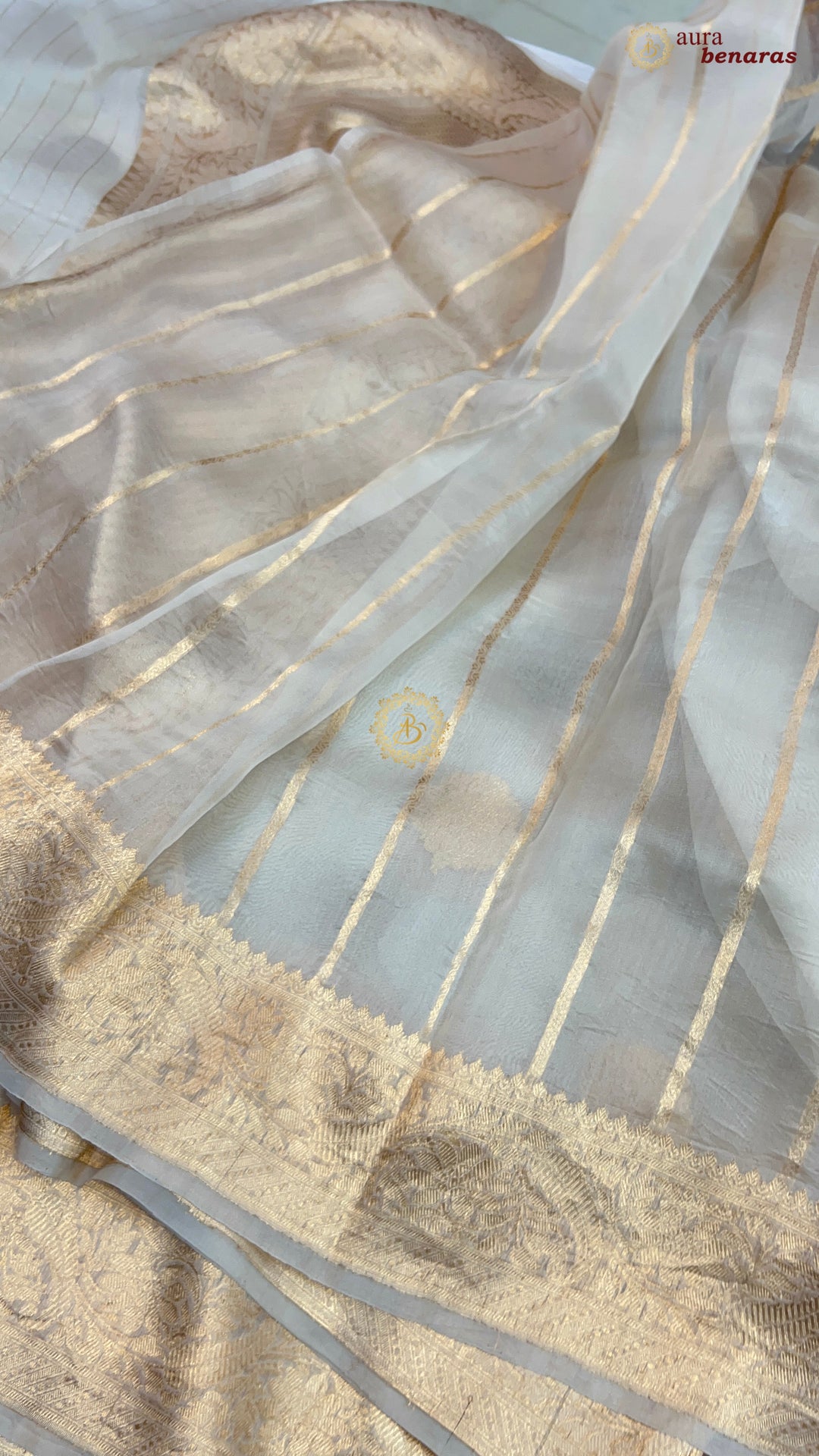 Off White Pure Kora Silk Banarasi Saree AuraBenaras