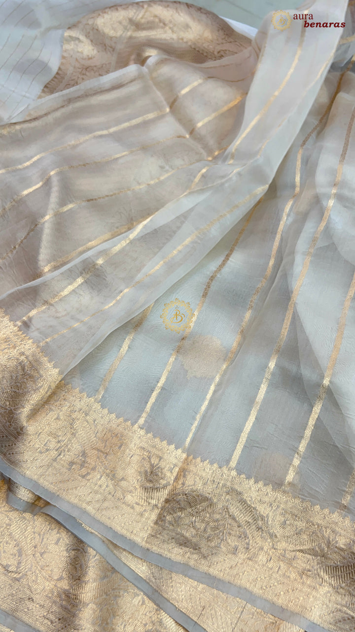 Off White Pure Kora Silk Banarasi Saree AuraBenaras