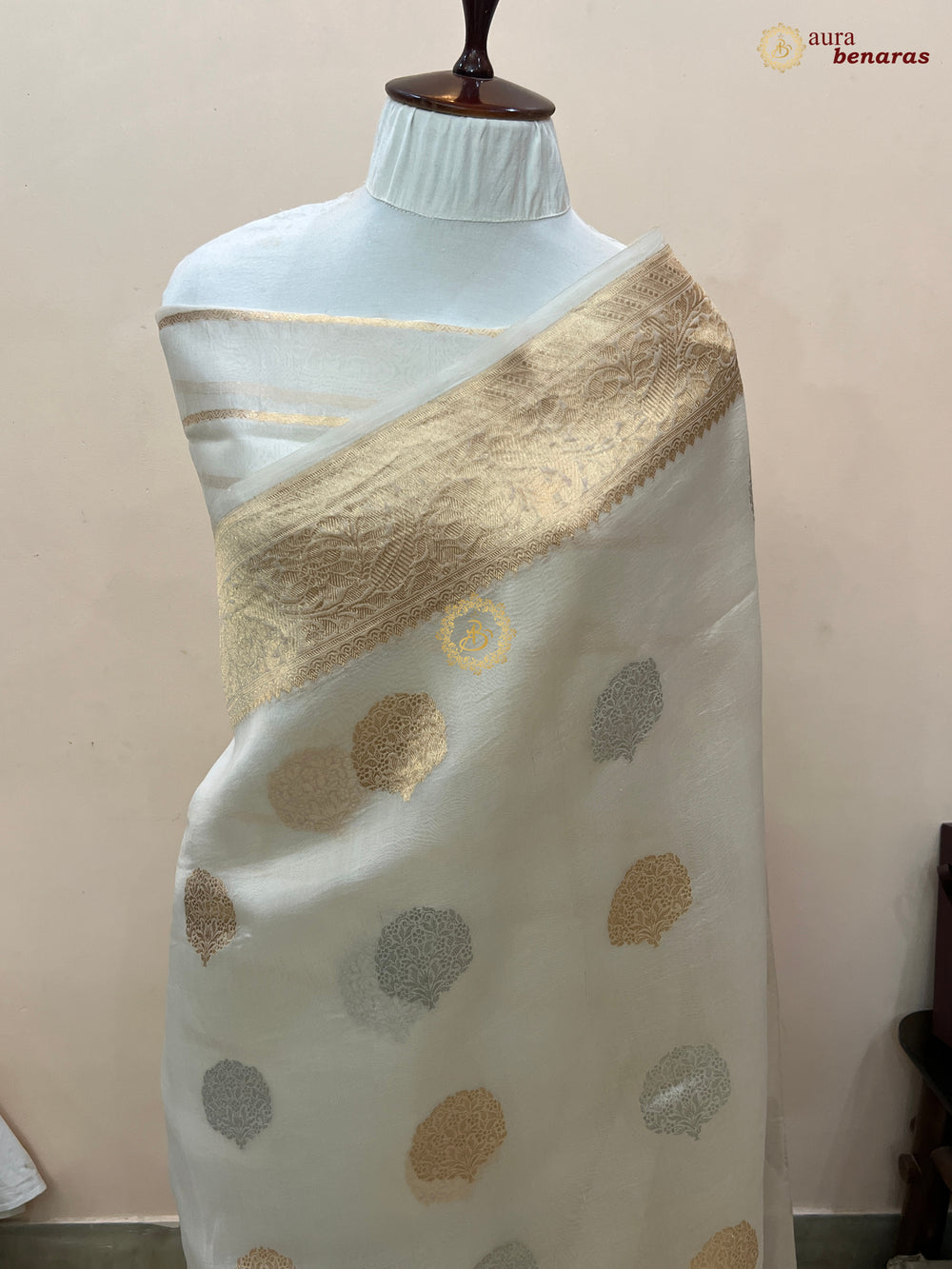 Off White Pure Kora Silk Banarasi Saree AuraBenaras