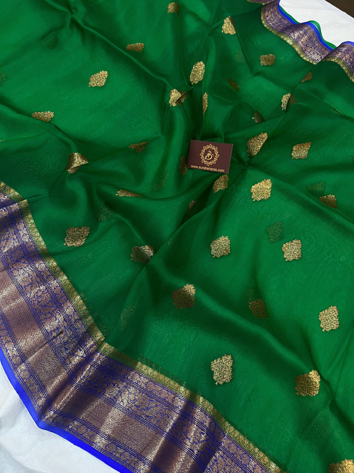 Emerald Green Banarasi Handloom Kora Silk Saree - Aura Benaras