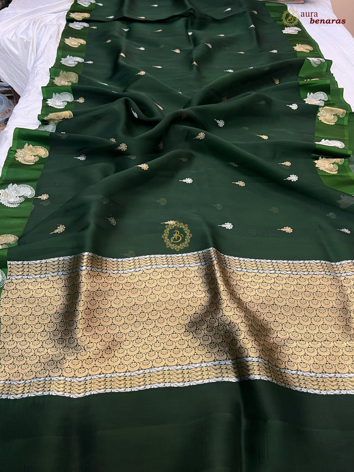 Forest Green Pure Banarasi Kora Silk Saree with Kadhwa Butis 
