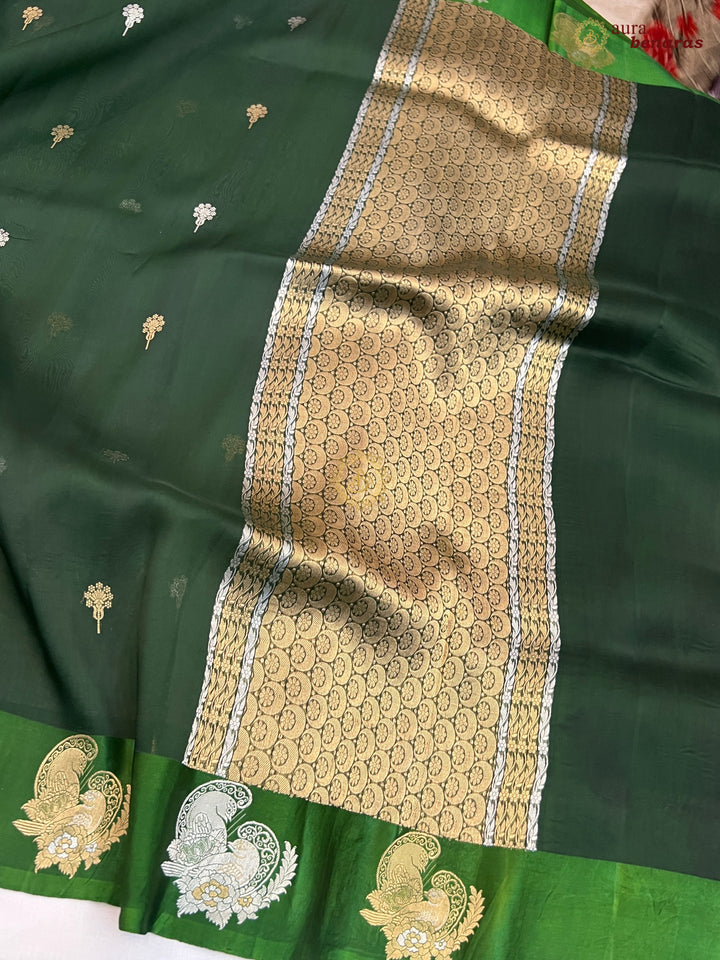 Forest Green Pure Banarasi Kora Silk Saree with Kadhwa Butis 