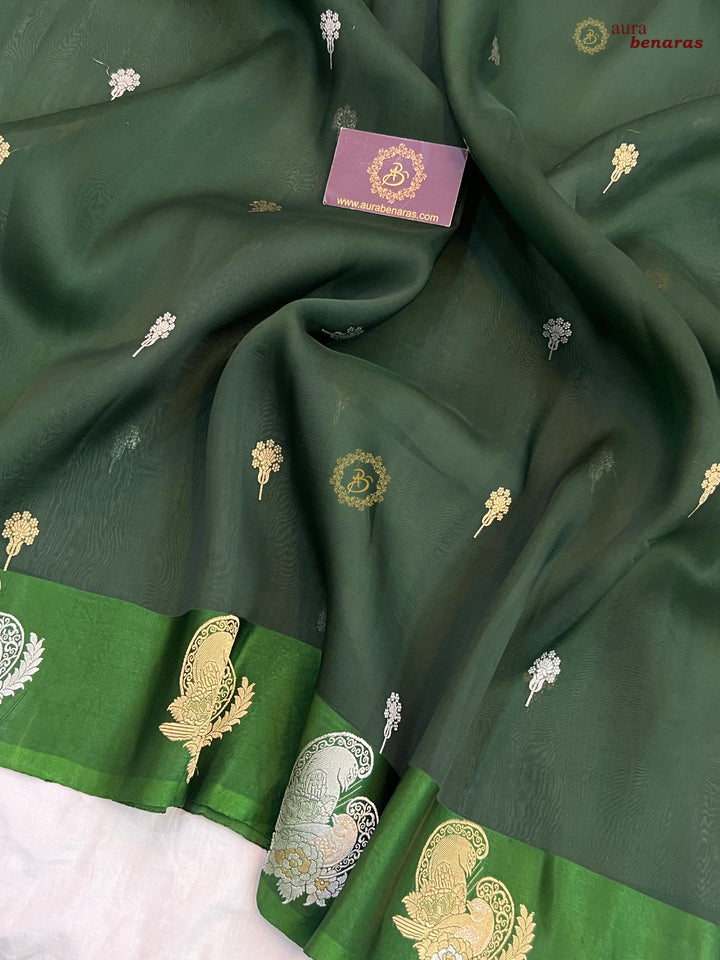 Forest Green Pure Banarasi Kora Silk Saree with Kadhwa Butis 