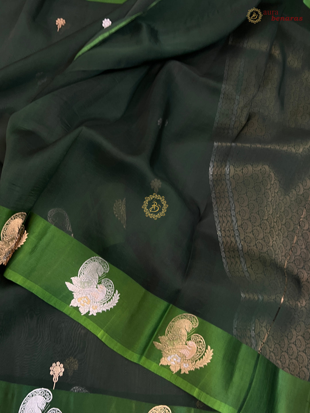 Forest Green Pure Banarasi Kora Silk Saree with Kadhwa Butis 