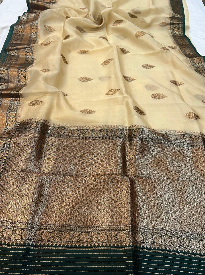 Beige Banarasi Handloom Kora Silk Saree - Aura Benaras