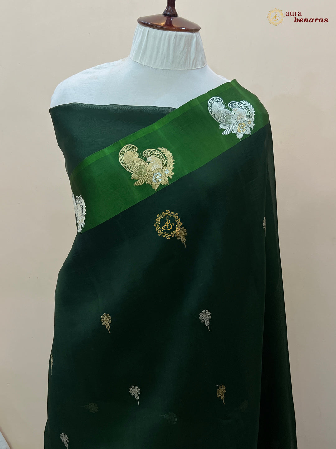 Forest Green Pure Banarasi Kora Silk Saree with Kadhwa Butis 