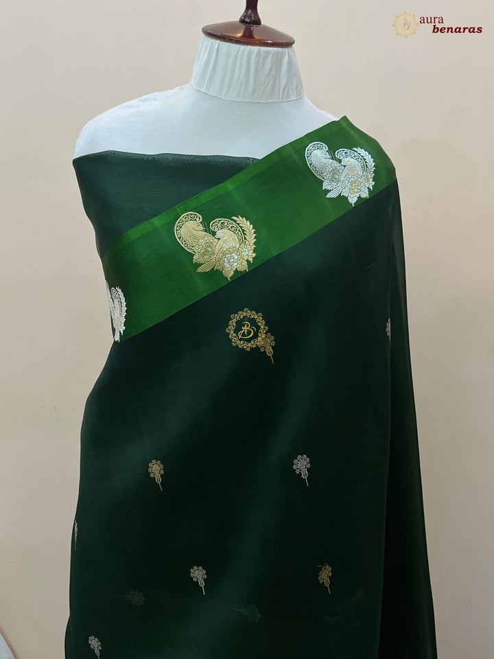 Forest Green Pure Banarasi Kora Silk Saree with Kadhwa Butis 