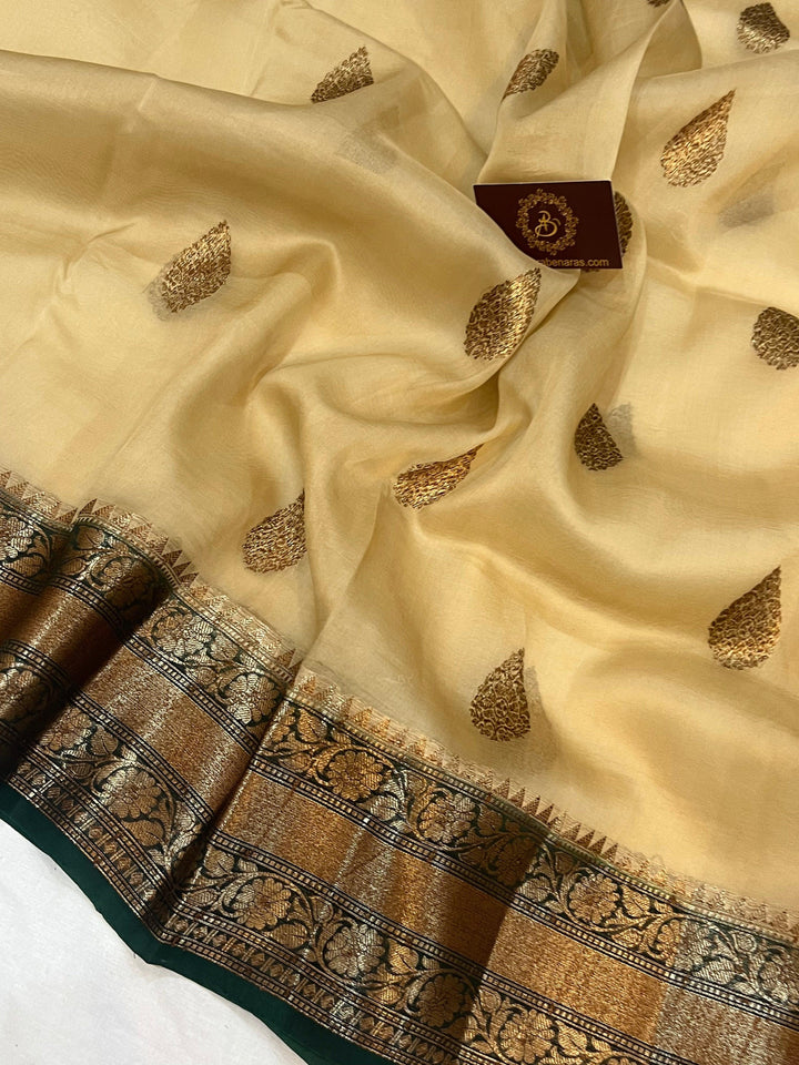 Beige Banarasi Handloom Kora Silk Saree - Aura Benaras