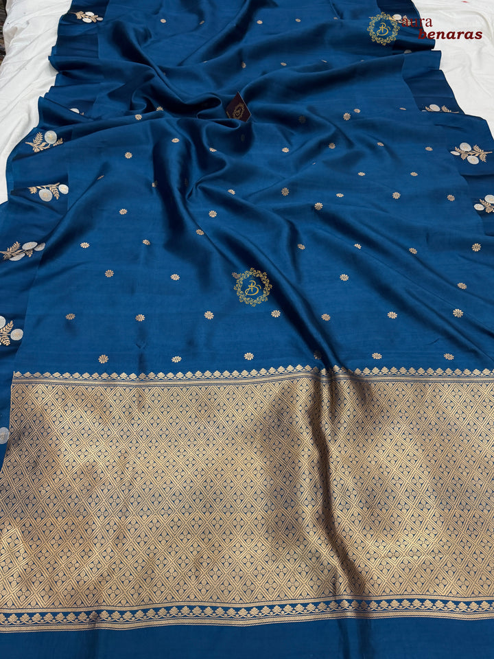 Teal Blue Pure Silk Banarasi Saree – Kadhwa Motifs & Mashru Border