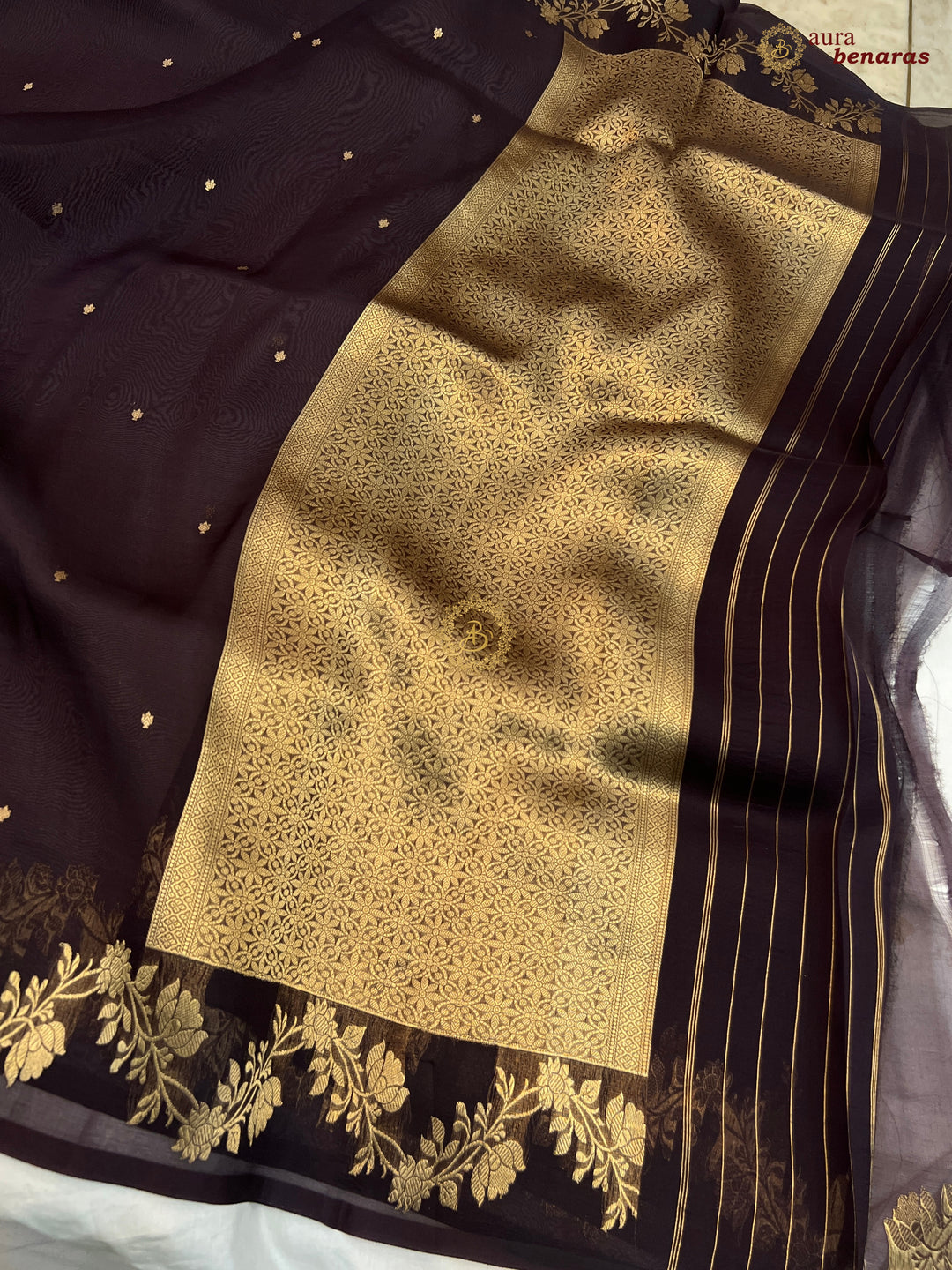 Chocolate Brown Pure Kora Silk Banarasi Saree with Zari Butis & Border