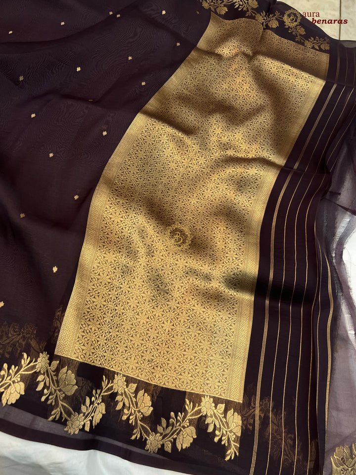 Chocolate Brown Pure Kora Silk Banarasi Saree with Zari Butis & Border