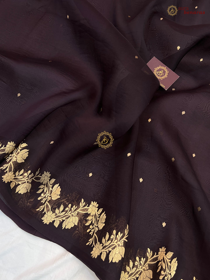 Chocolate Brown Pure Kora Silk Banarasi Saree with Zari Butis & Border