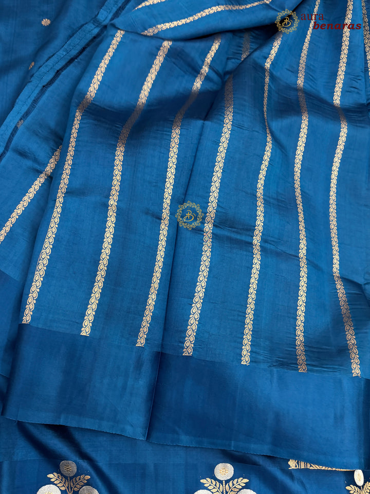 Teal Blue Pure Silk Banarasi Saree – Kadhwa Motifs & Mashru Border