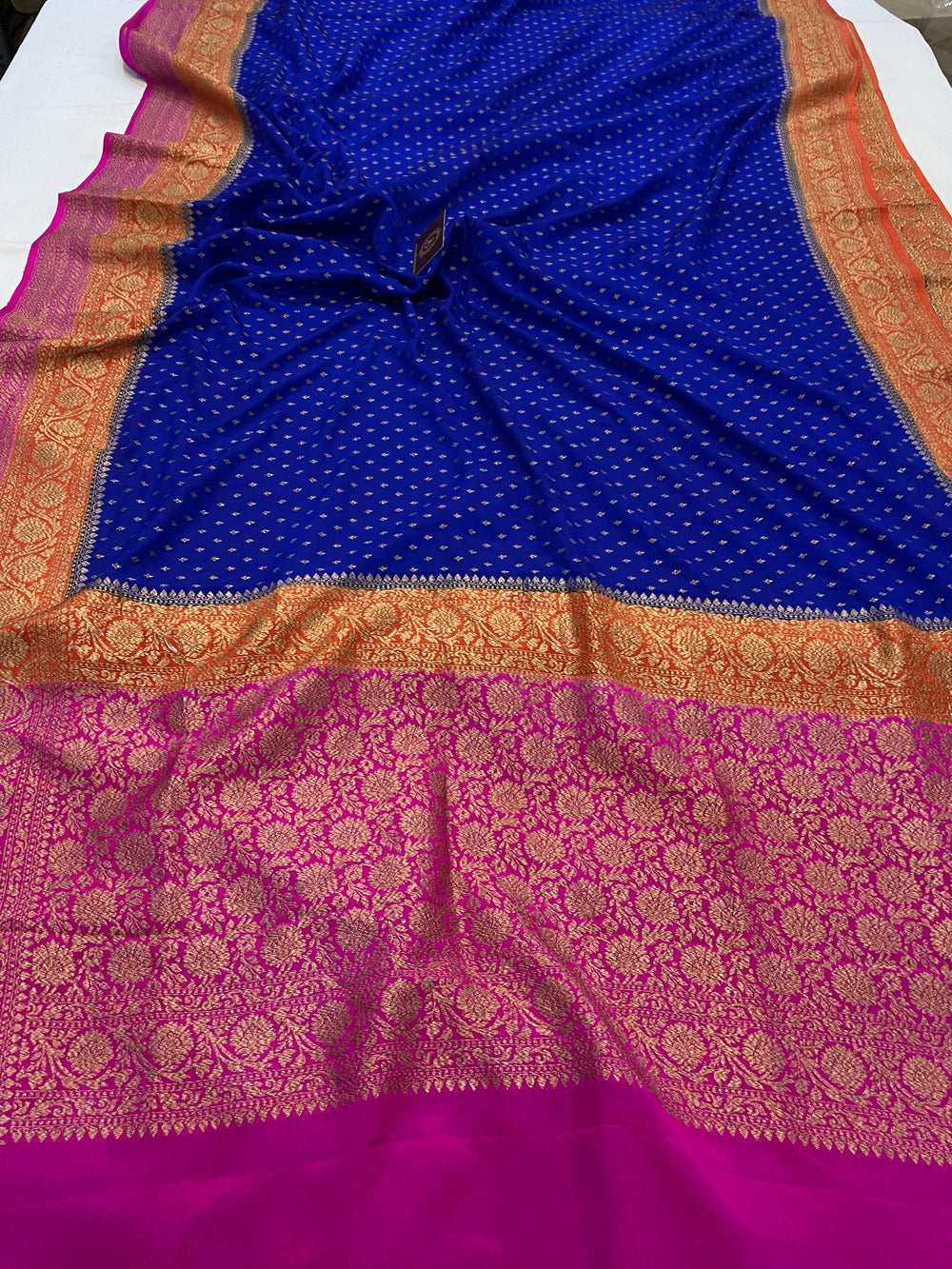 Royal Blue Pure Banarasi Khaddi Crepe Silk Saree - Aura Benaras