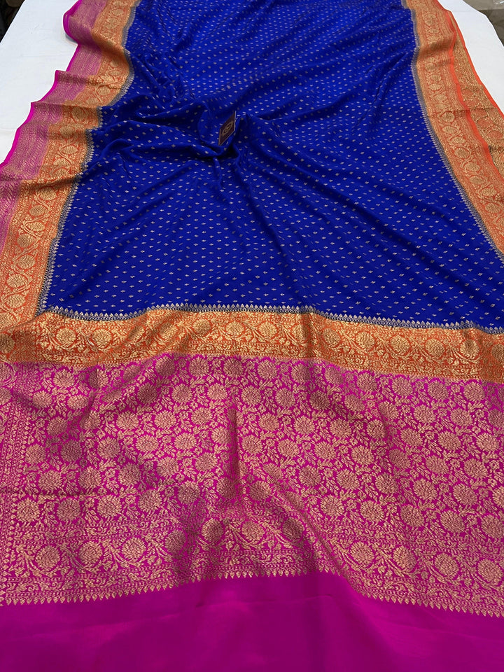 Royal Blue Pure Banarasi Khaddi Crepe Silk Saree - Aura Benaras