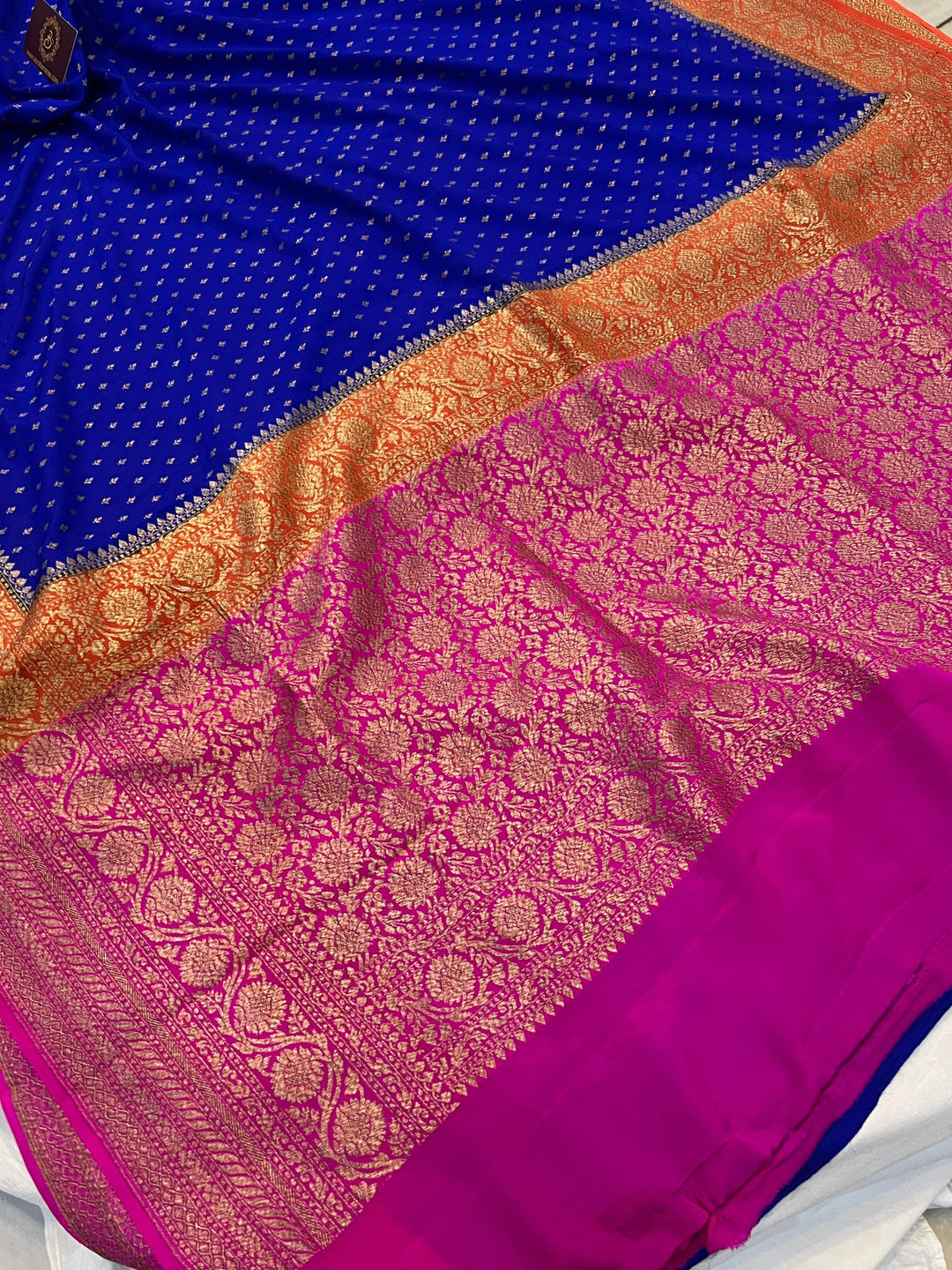 Royal Blue Pure Banarasi Khaddi Crepe Silk Saree - Aura Benaras