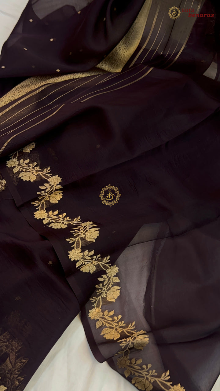 Chocolate Brown Pure Kora Silk Banarasi Saree with Zari Butis & Border