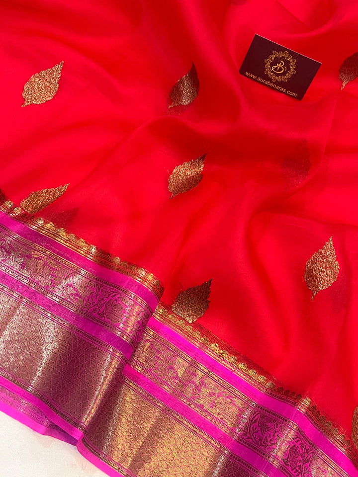 Red Banarasi Handloom Kora Silk Saree - Aura Benaras