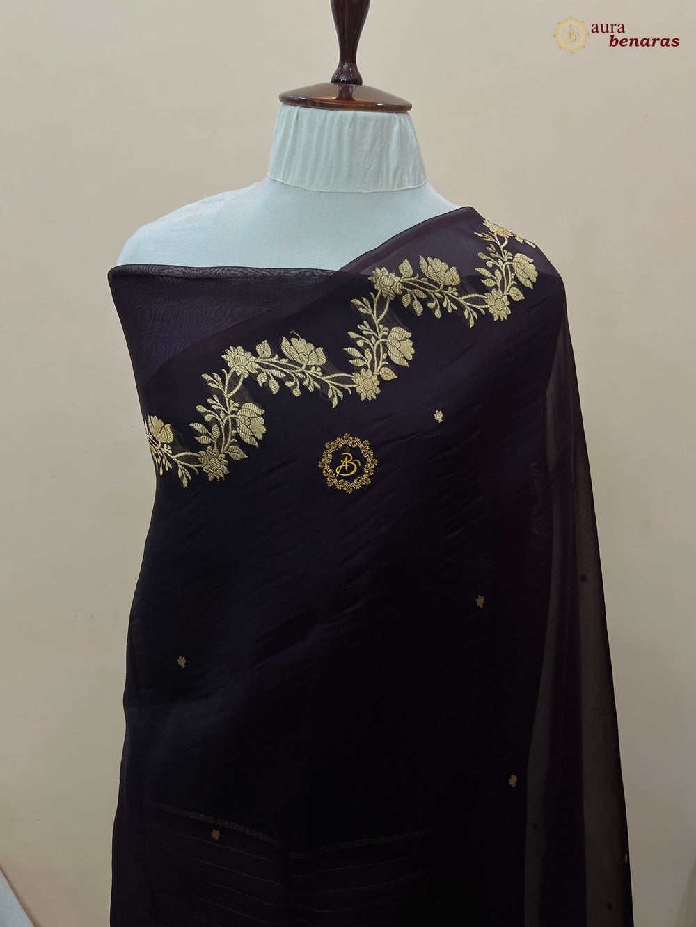 Chocolate Brown Pure Kora Silk Banarasi Saree with Zari Butis & Border