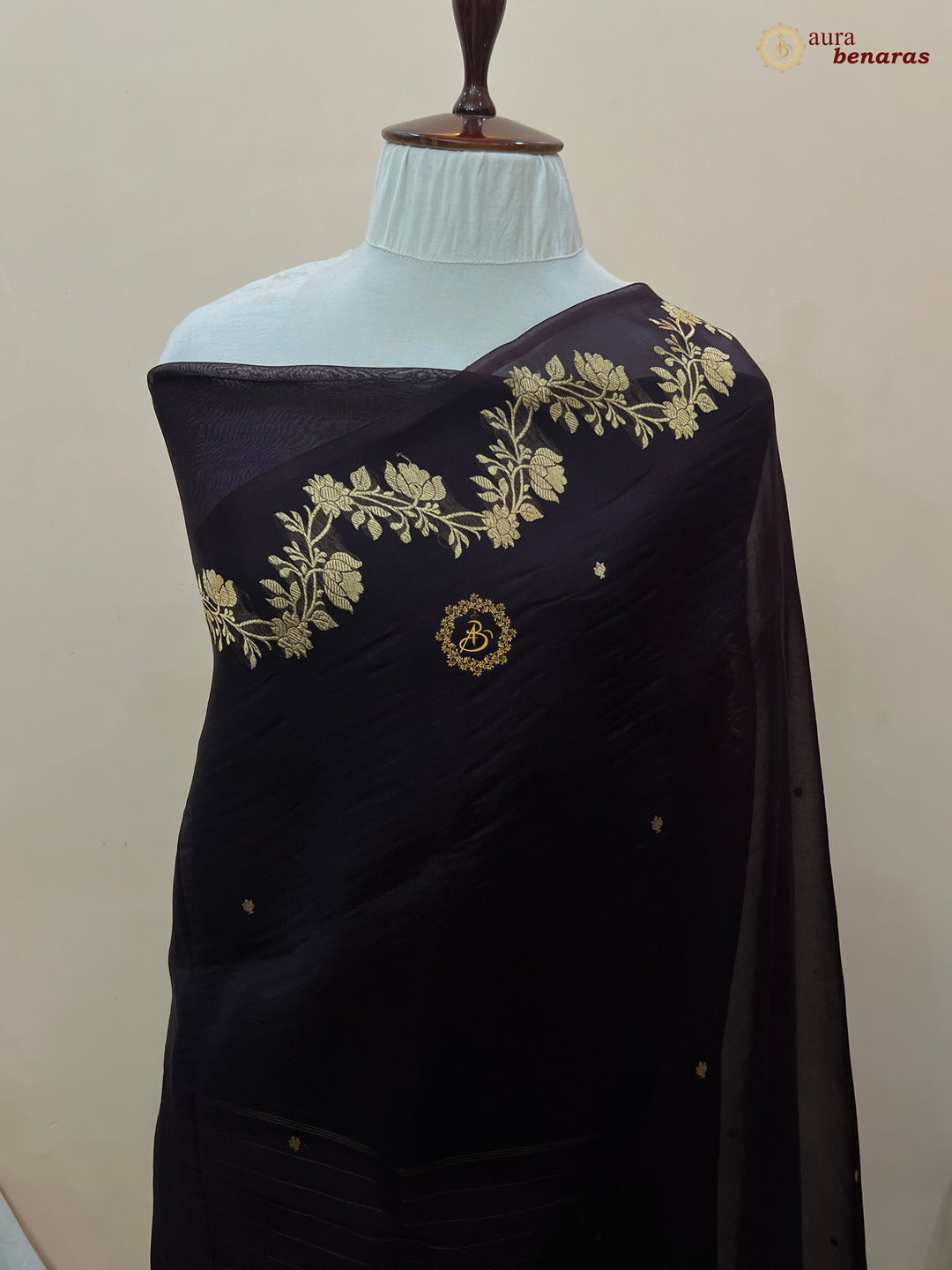 Chocolate Brown Pure Kora Silk Banarasi Saree with Zari Butis & Border