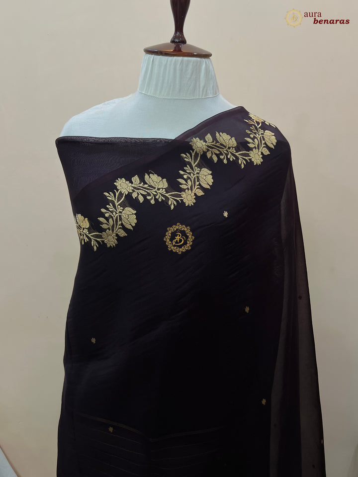 Chocolate Brown Pure Kora Silk Banarasi Saree with Zari Butis & Border
