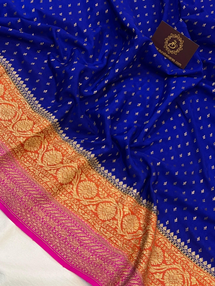 Royal Blue Pure Banarasi Khaddi Crepe Silk Saree - Aura Benaras