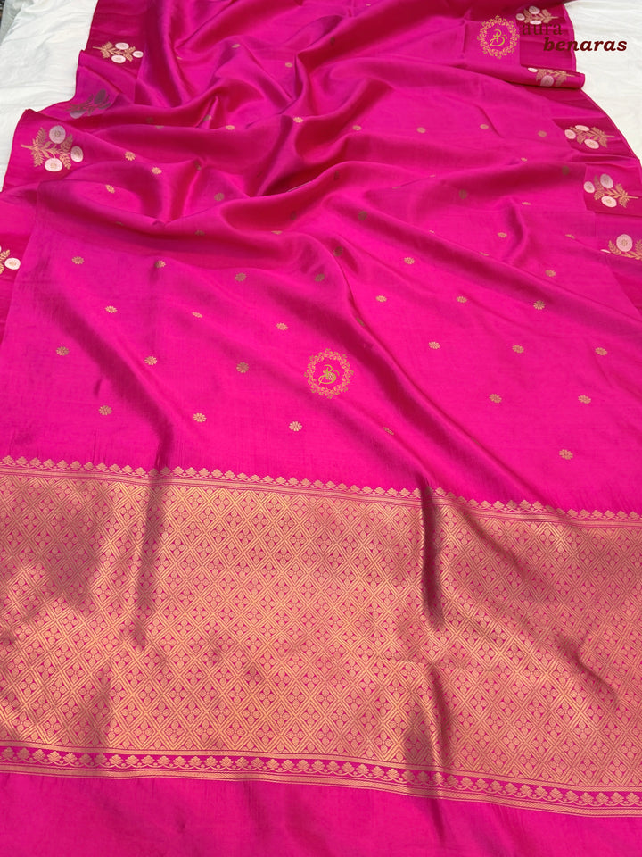 Hot Pink Pure Silk Banarasi Saree – Kadhwa Motifs & Mashru Border