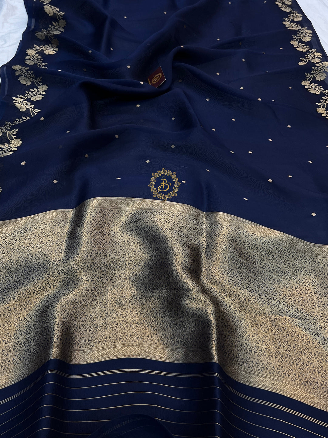 Mid Night Blue Pure Kora Silk Banarasi Saree with Zari Butis & Border