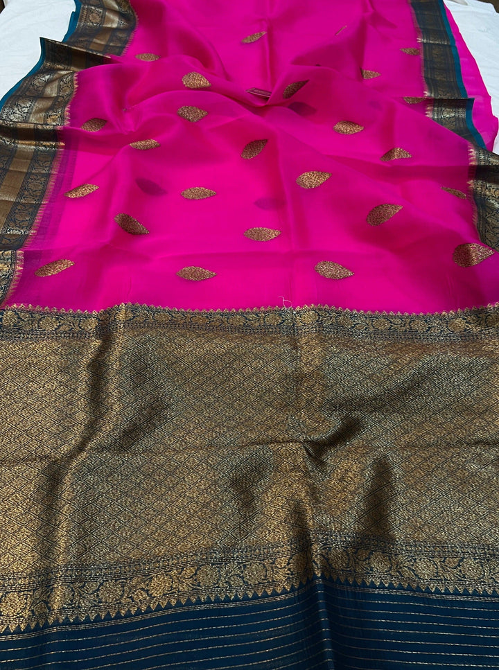 Rani Pink Banarasi Handloom Kora Silk Saree - Aura Benaras