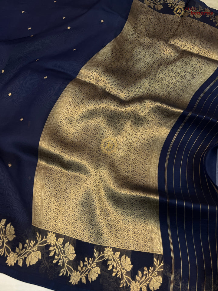 Mid Night Blue Pure Kora Silk Banarasi Saree with Zari Butis & Border