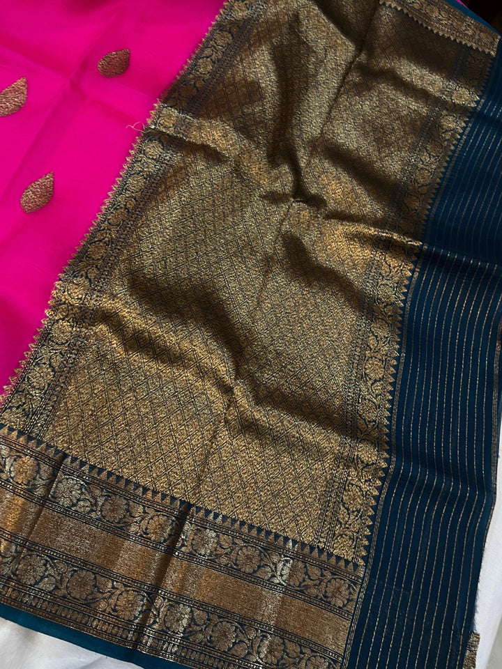 Rani Pink Banarasi Handloom Kora Silk Saree - Aura Benaras