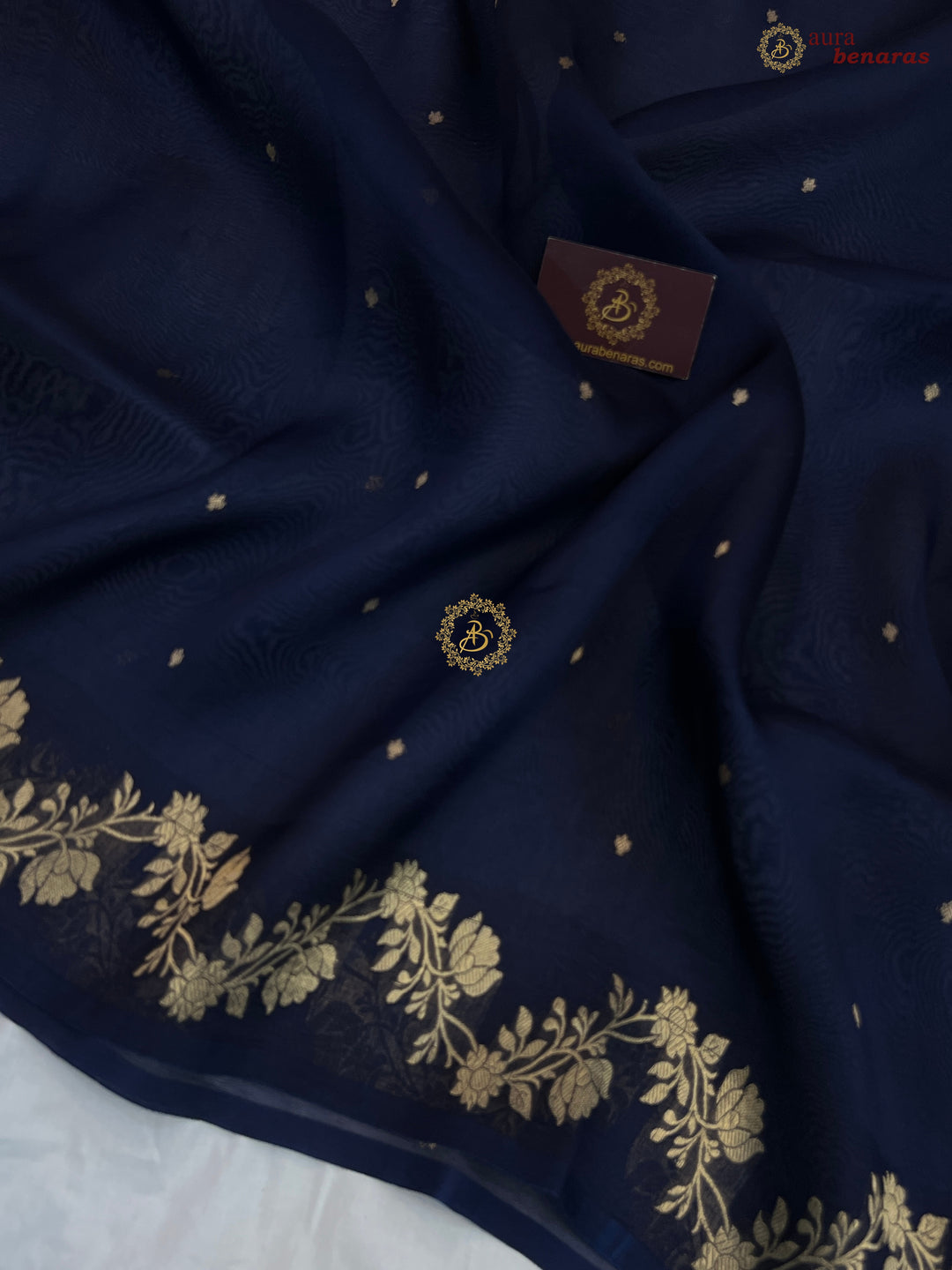 Mid Night Blue Pure Kora Silk Banarasi Saree with Zari Butis & Border