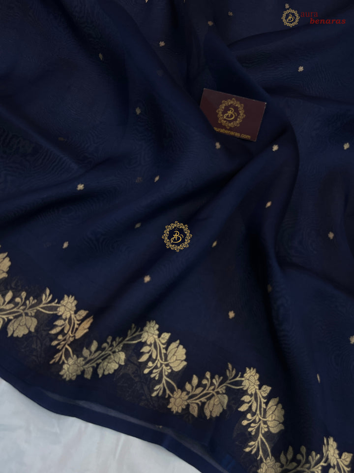 Mid Night Blue Pure Kora Silk Banarasi Saree with Zari Butis & Border