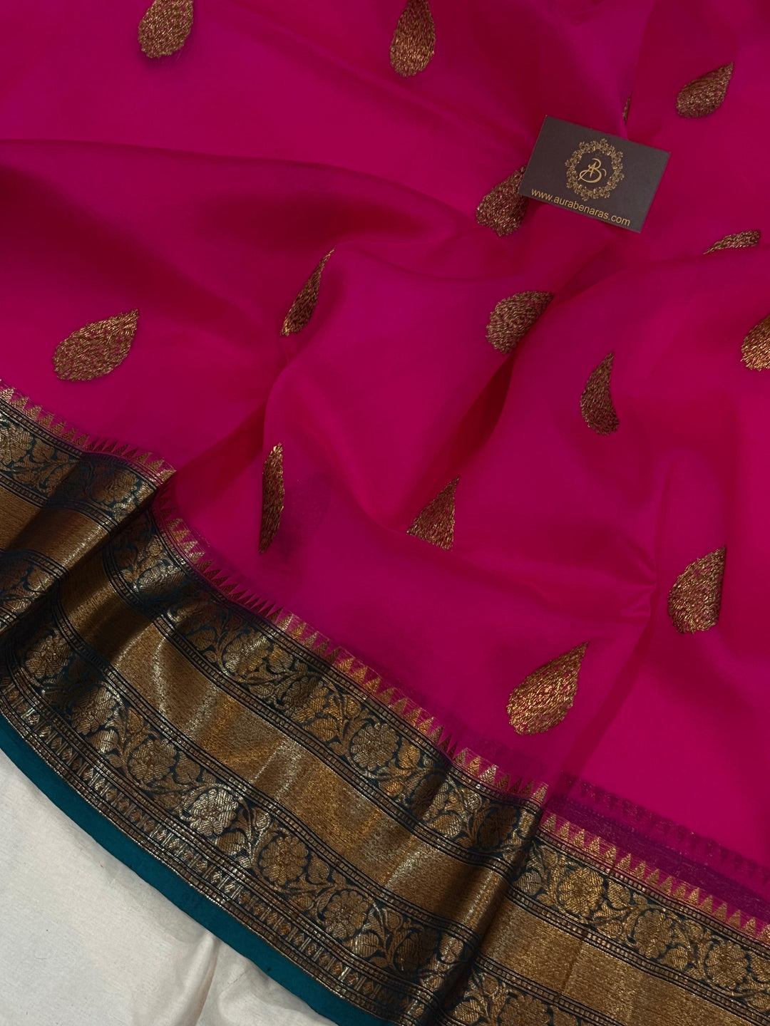 Rani Pink Banarasi Handloom Kora Silk Saree - Aura Benaras