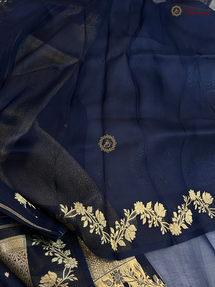 Mid Night Blue Pure Kora Silk Banarasi Saree with Zari Butis & Border