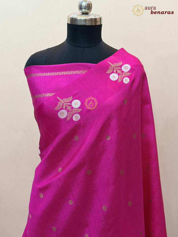 Hot Pink Pure Silk Banarasi Saree – Kadhwa Motifs & Mashru Border