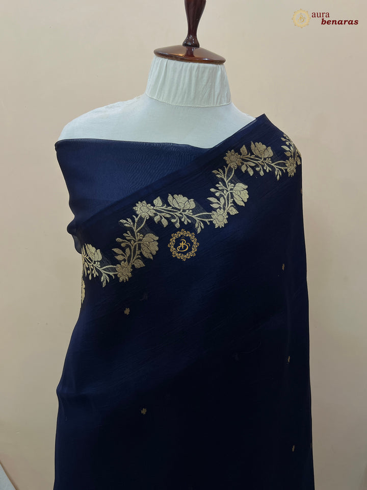 Mid Night Blue Pure Kora Silk Banarasi Saree with Zari Butis & Border