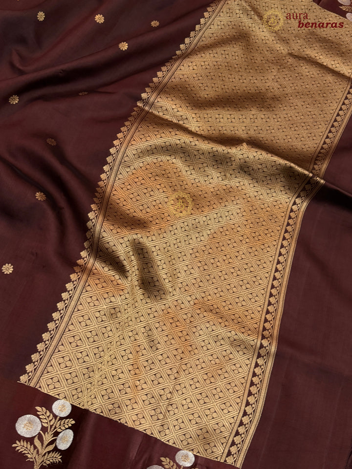 Brown Pure Silk Banarasi Saree – Kadhwa Motifs & Mashru Border