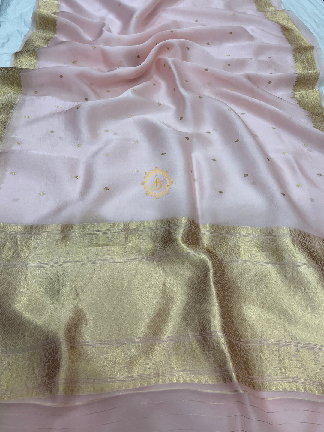 Pale Pink Pure Kora Silk Banarasi Saree with Zari Butis & Border