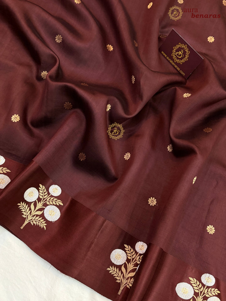 Brown Pure Silk Banarasi Saree – Kadhwa Motifs & Mashru Border