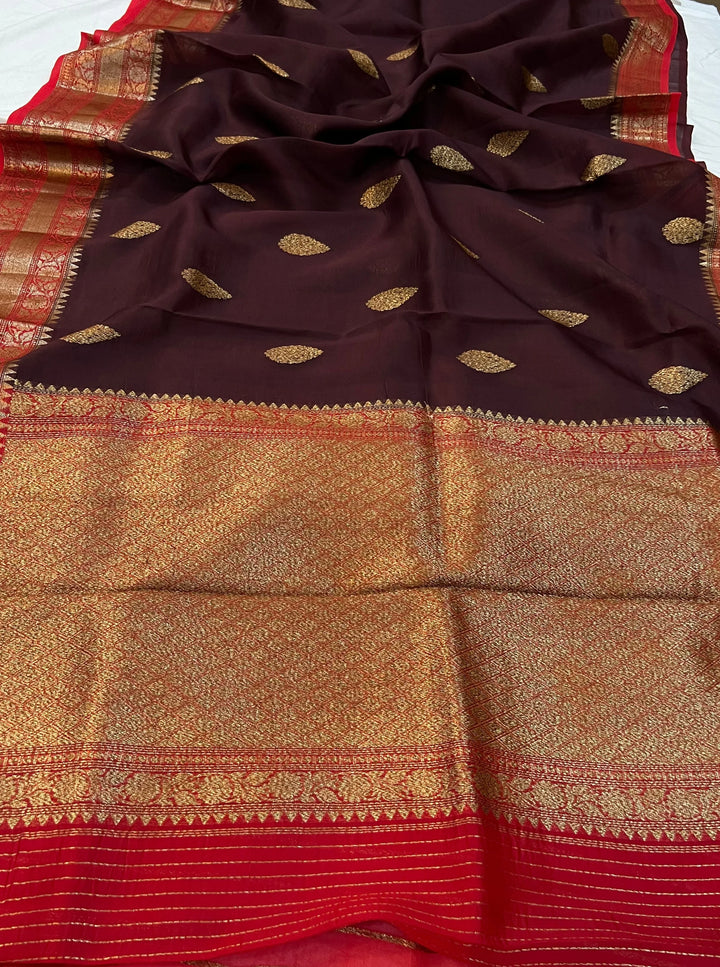 Brown Banarasi Handloom Kora Silk Saree - Aura Benaras