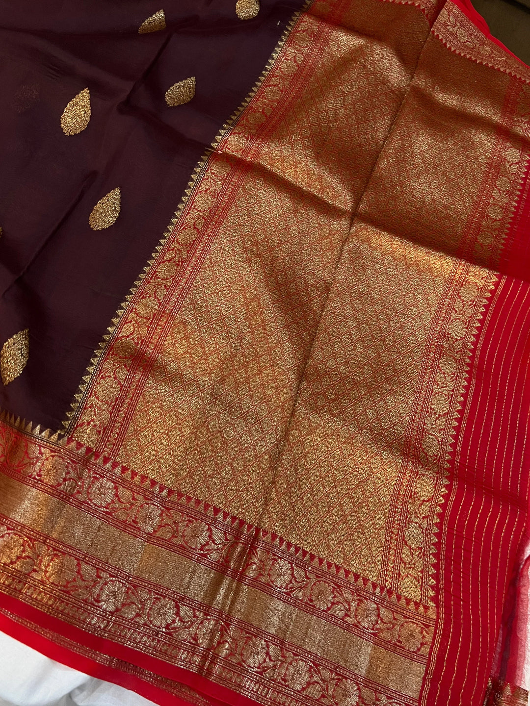 Brown Banarasi Handloom Kora Silk Saree - Aura Benaras