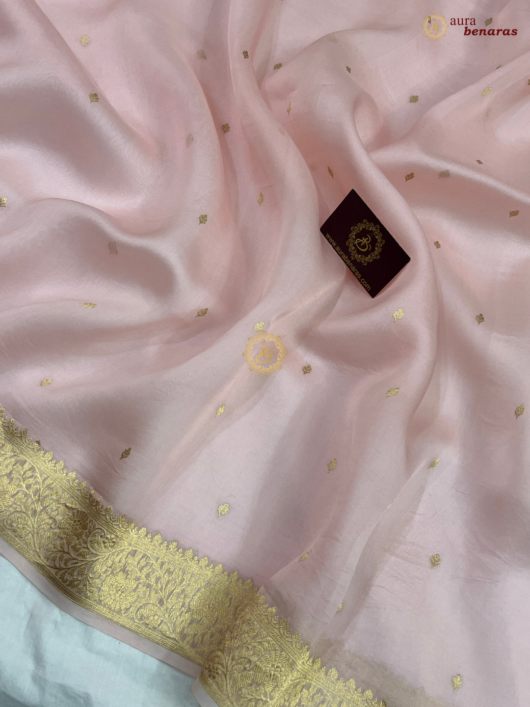 Pale Pink Pure Kora Silk Banarasi Saree with Zari Butis & Border