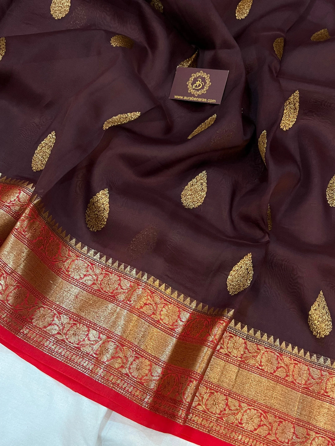 Brown Banarasi Handloom Kora Silk Saree - Aura Benaras