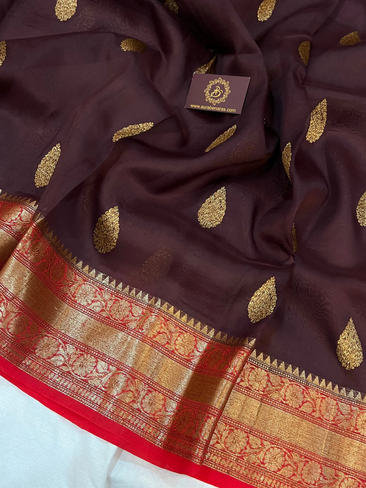Brown Banarasi Handloom Kora Silk Saree - Aura Benaras