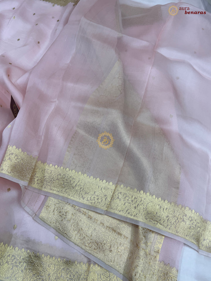 Pale Pink Pure Kora Silk Banarasi Saree with Zari Butis & Border