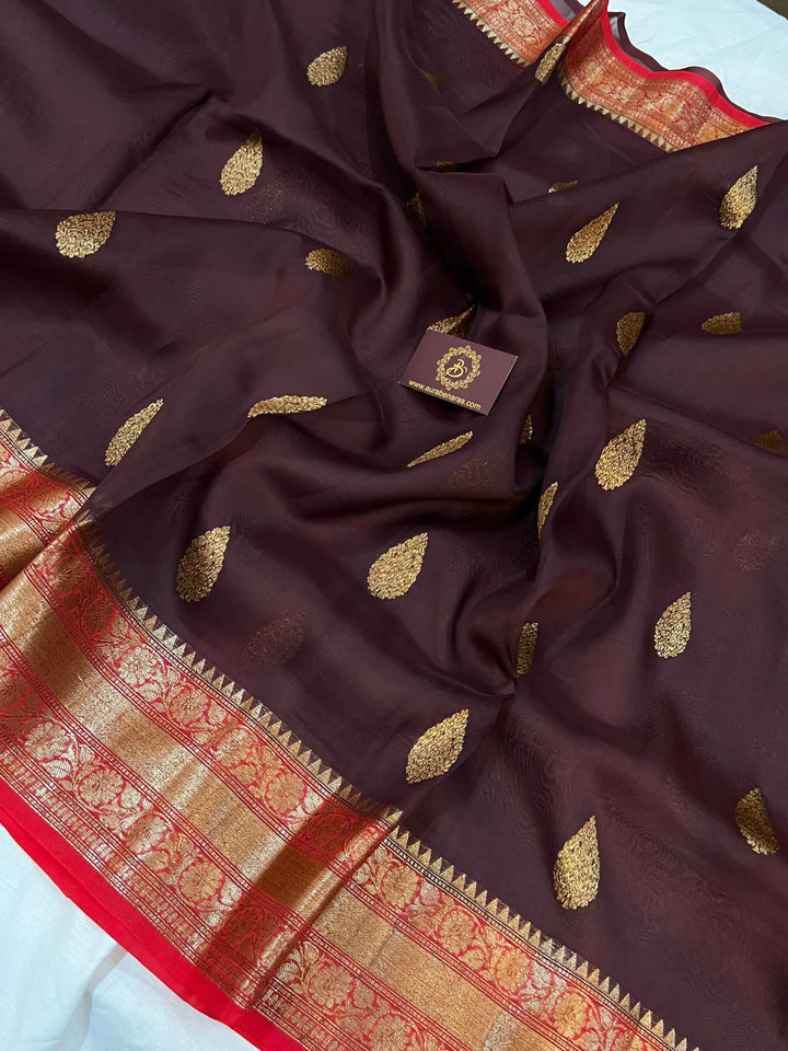 Brown Banarasi Handloom Kora Silk Saree - Aura Benaras