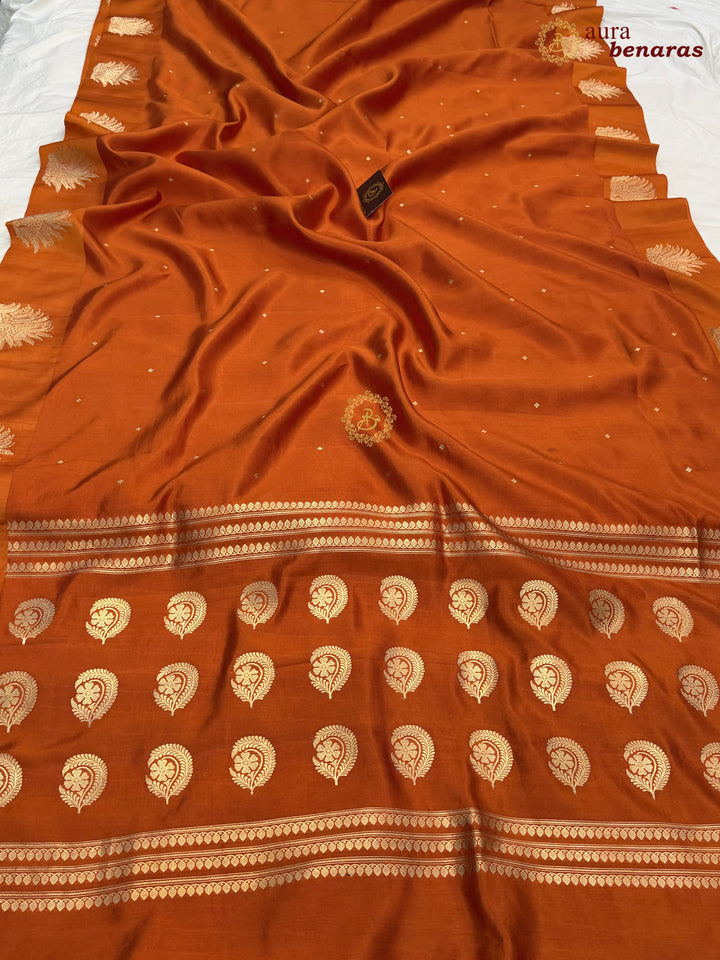Orange Pure Katan Silk Banarasi Saree Kadhwa Leopard Motifs