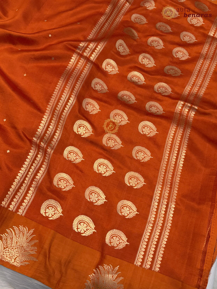 Orange Pure Katan Silk Banarasi Saree Kadhwa Leopard Motifs